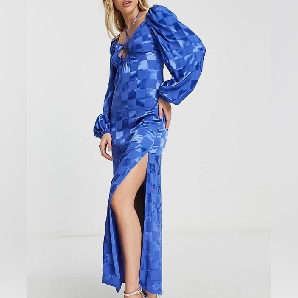 ASOS TALL SATIN CHECKERBOARD JACQUARD MIDI DRESS WITH TIE BACK NECK DETAIL, BLUE